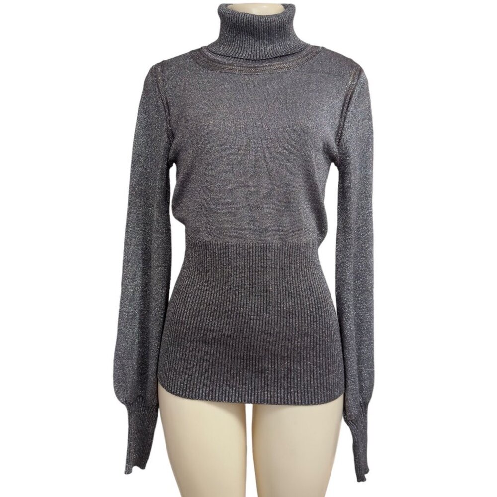 Kaily K Metallic Fleck Turtleneck Gray Ribbed Stretch‎ Balloon Puff Sleeve Top